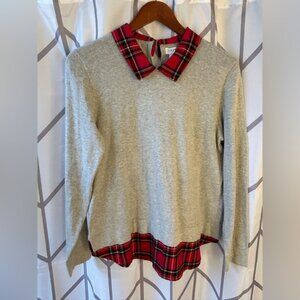 J. Crew Gray Sweater with Red Plaid Accents